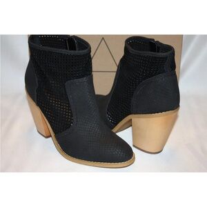 Kelsi Dagger Black Perforated Suede Block Heel Booties with Tan Heel
